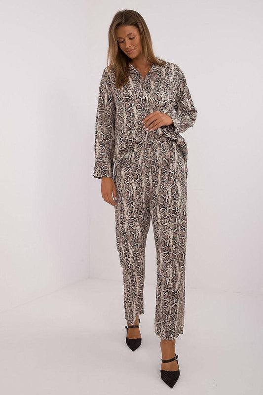 Two-piece pants set with patterned long-sleeve V-neck tunic and wide-leg trousers