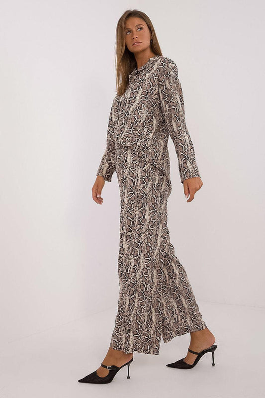 Two-piece pants set with long-sleeve patterned tunic and flared wide-leg trousers