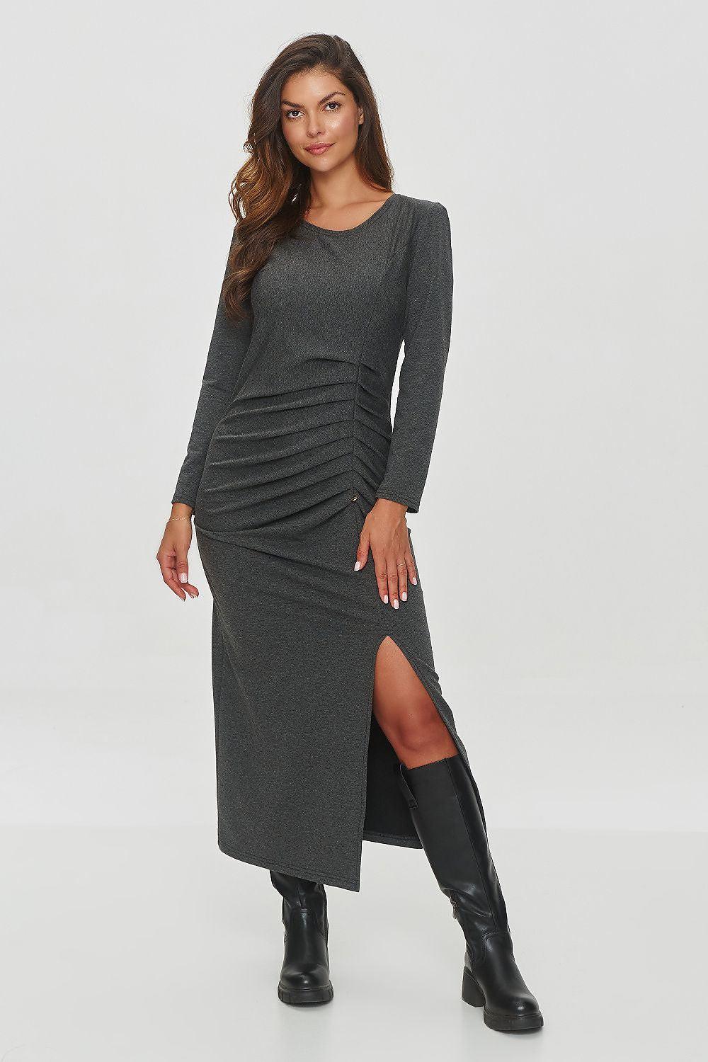 Grey fitted midi daydress with long sleeves, scoop neck, side slit and pleated waist