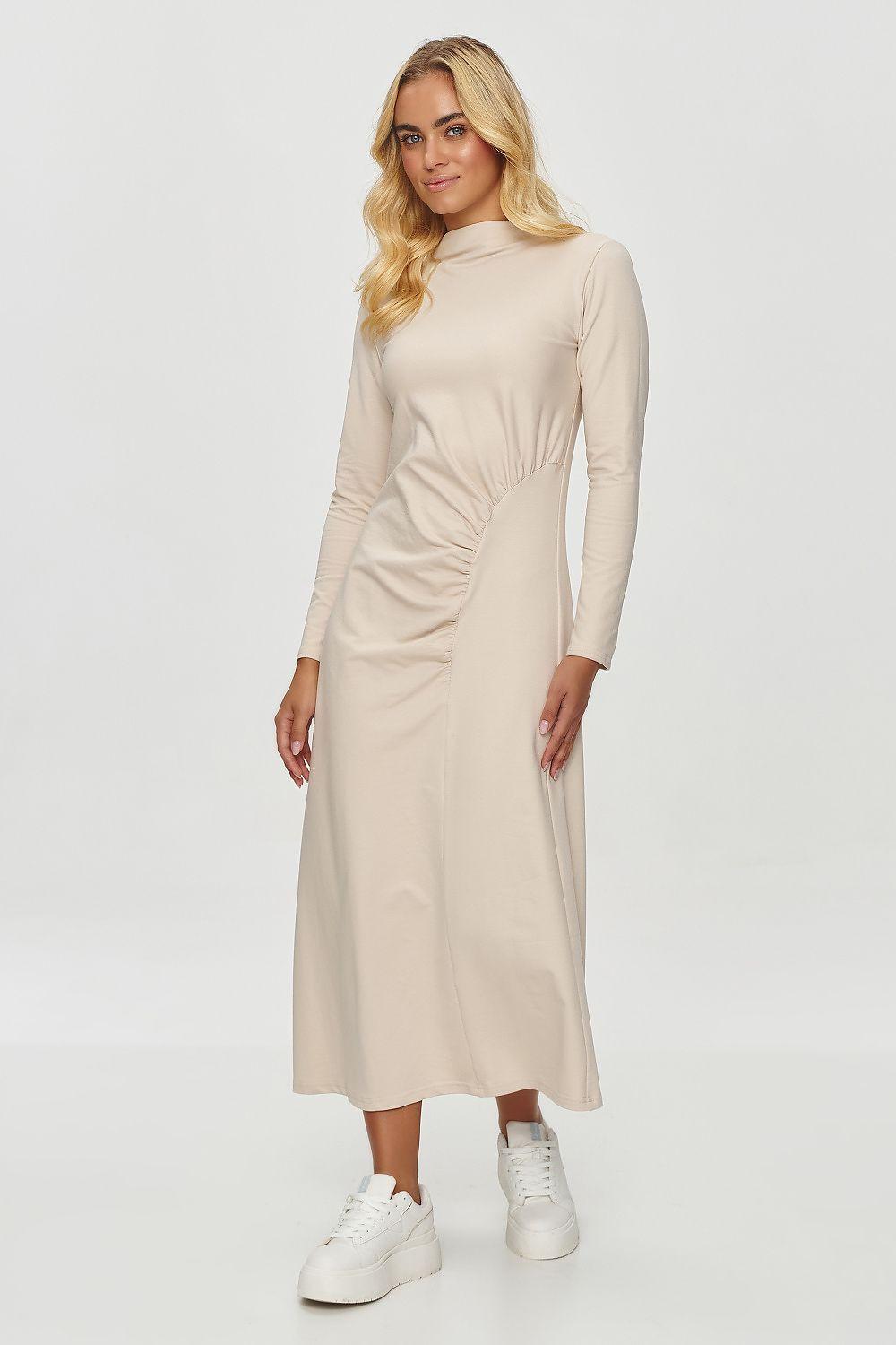 Beige draped midi daydress with gathered waist, long sleeves