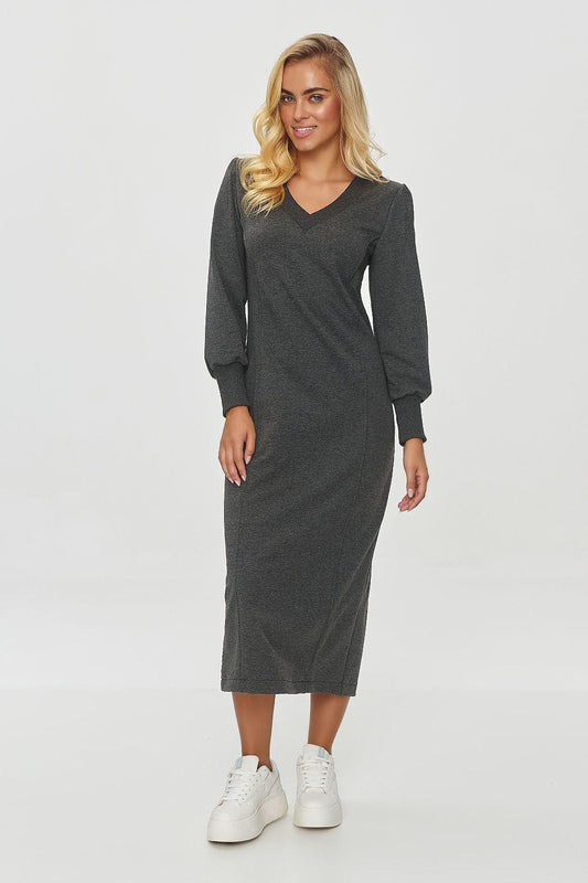Grey V-neck midi day dress with long sleeves and gathered cuffs.