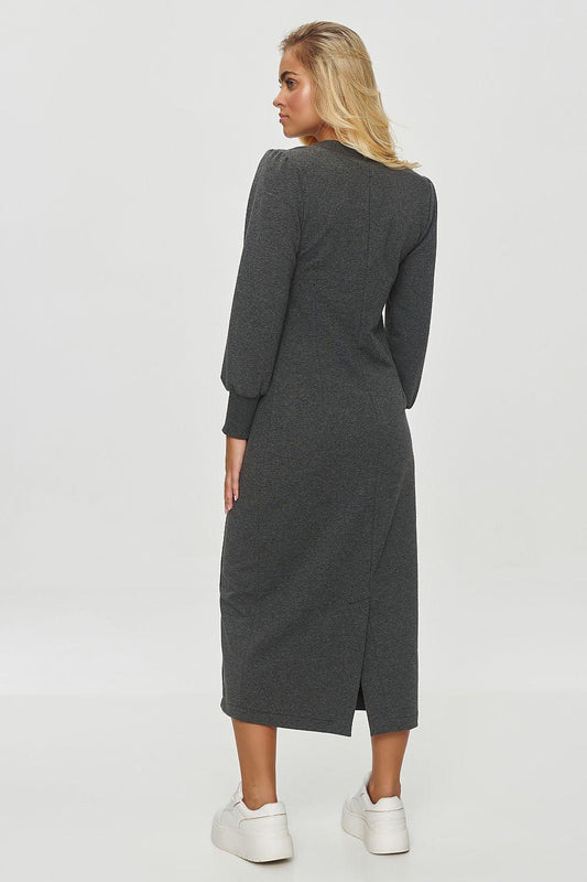 Grey midi day dress with long sleeves, rounded back, and side slit.