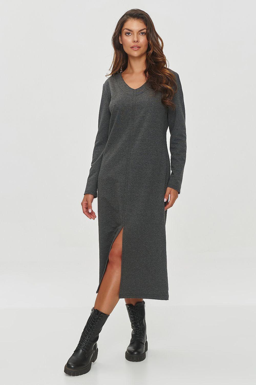 Grey soft knit midi daydress with V-neck, long sleeves, and side slit