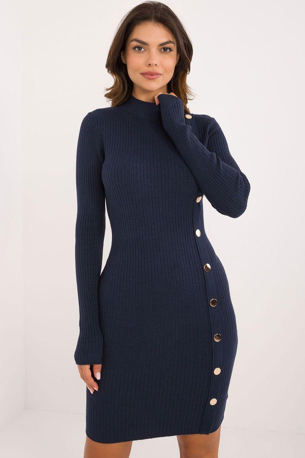 Dark navy knitted pencil daydress, long sleeves, button-front with gold buttons