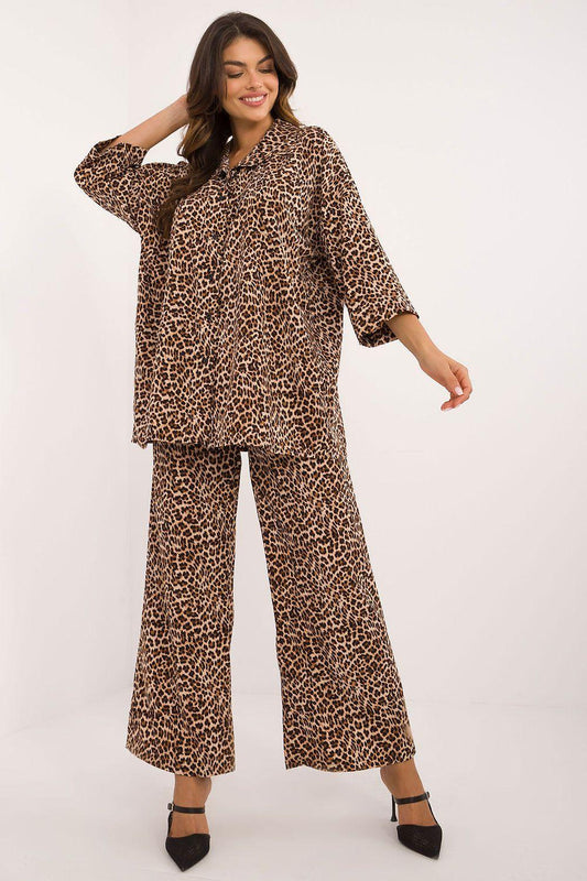 Leopard print tunic and wide-leg pants set, beige-brown, 3/4 sleeves