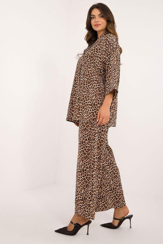 Leopard print tunic and wide-leg pants set, side view, beige-brown