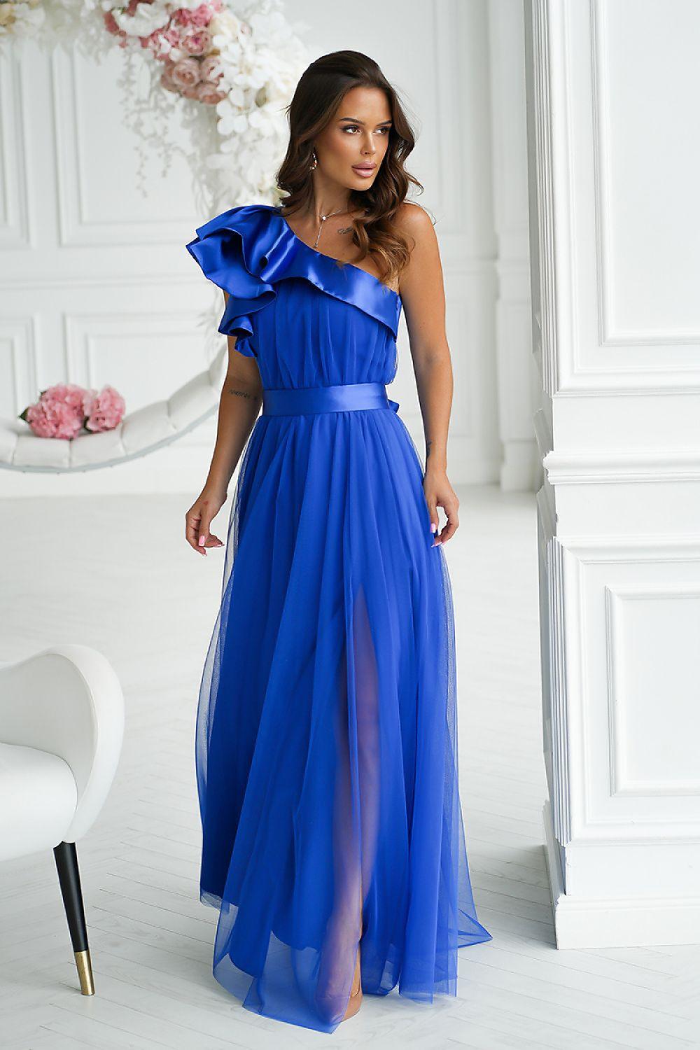 Blue one-shoulder maxi dress with ruffled shoulder and flowing skirt