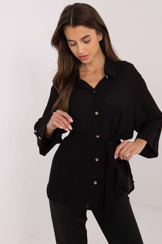 Black button-up shirt with pointed collar and tie waist, long sleeves