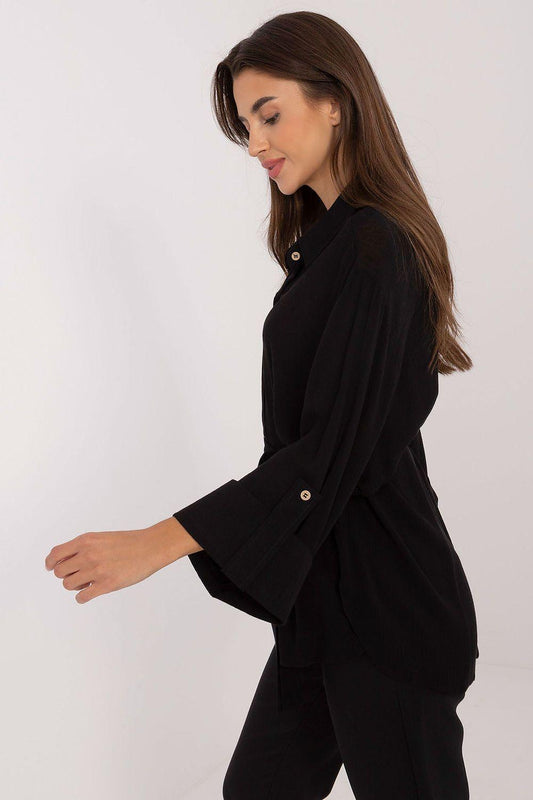 Black button-up shirt with pointed collar and tie waist, side view