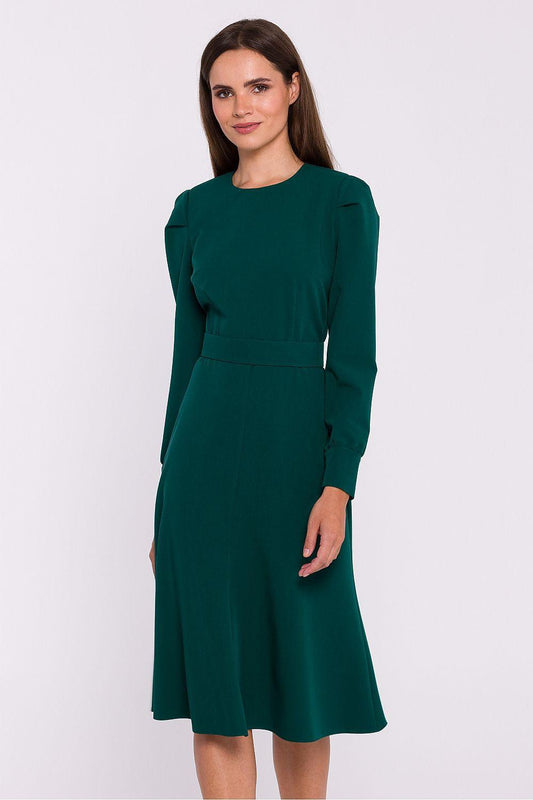 Stylove day dress, dark green, long sleeves, round neck, belted waist, midi