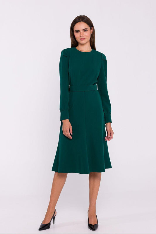 Stylove day dress, dark green, long sleeves, round neck, belted waist, A-line midi
