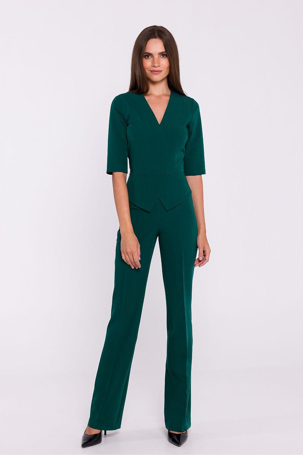 V-neck jumpsuit in deep green with 3/4 sleeves and wide-leg pants