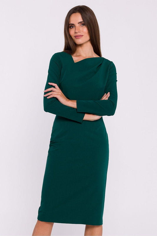 Green midi day dress, long sleeves, V-neck, fitted waist with draped front