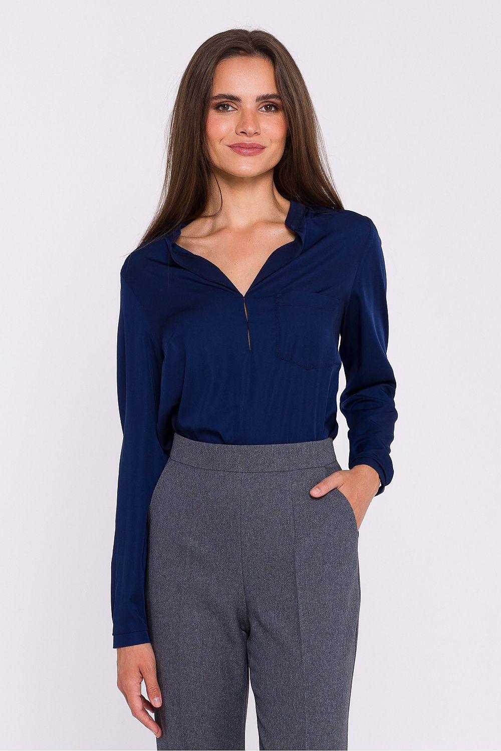 Navy satin blouse with stand collar, button front, long sleeves, pocket detail