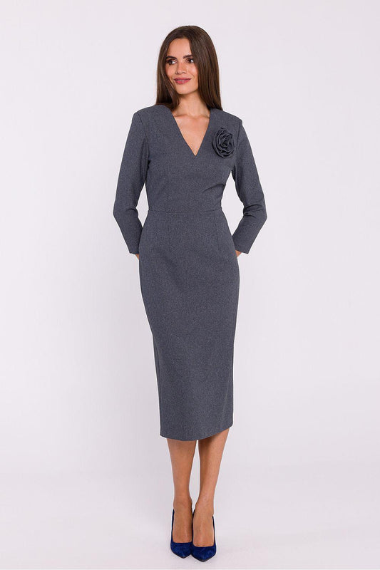 Blue V-neck midi daydress with 3/4 sleeves and rosette detail at chest