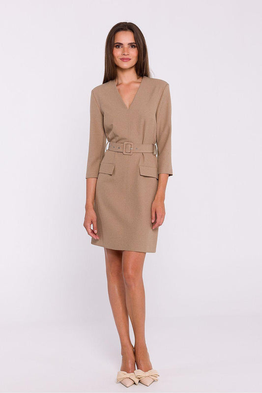 Beige fitted daydress with V-neck, belted waist, 3/4 sleeves, knee length