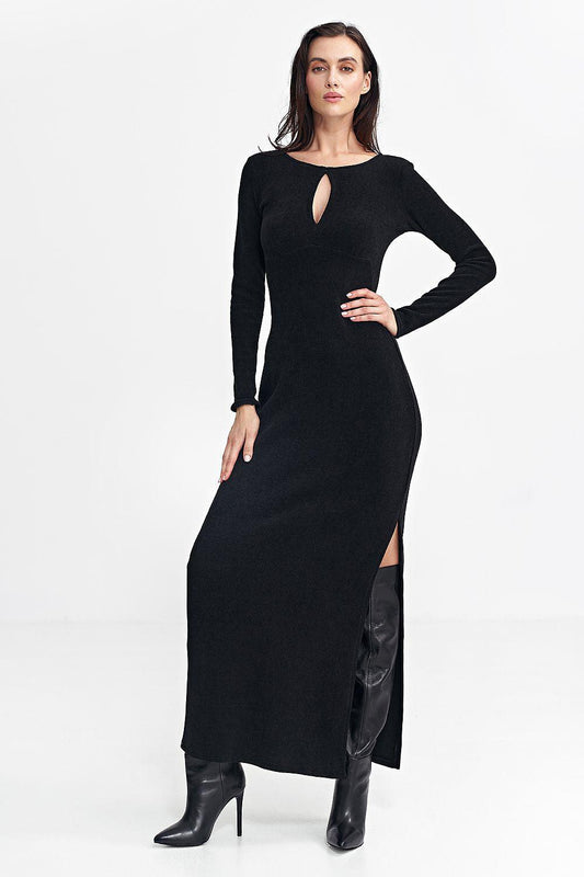 Nife black long-sleeve day dress with front slit and keyhole neckline