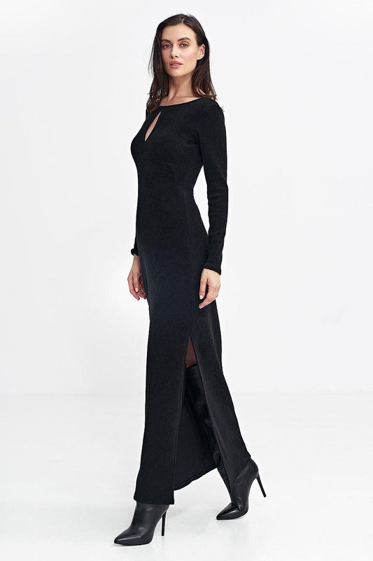 Nife black long-sleeve day dress, asymmetrical front slit, cutout neckline