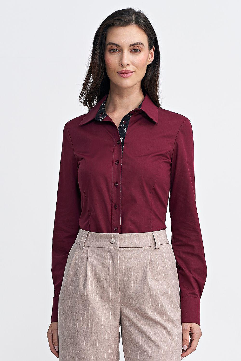 Burgundy long sleeve shirt with button front and pointed collar