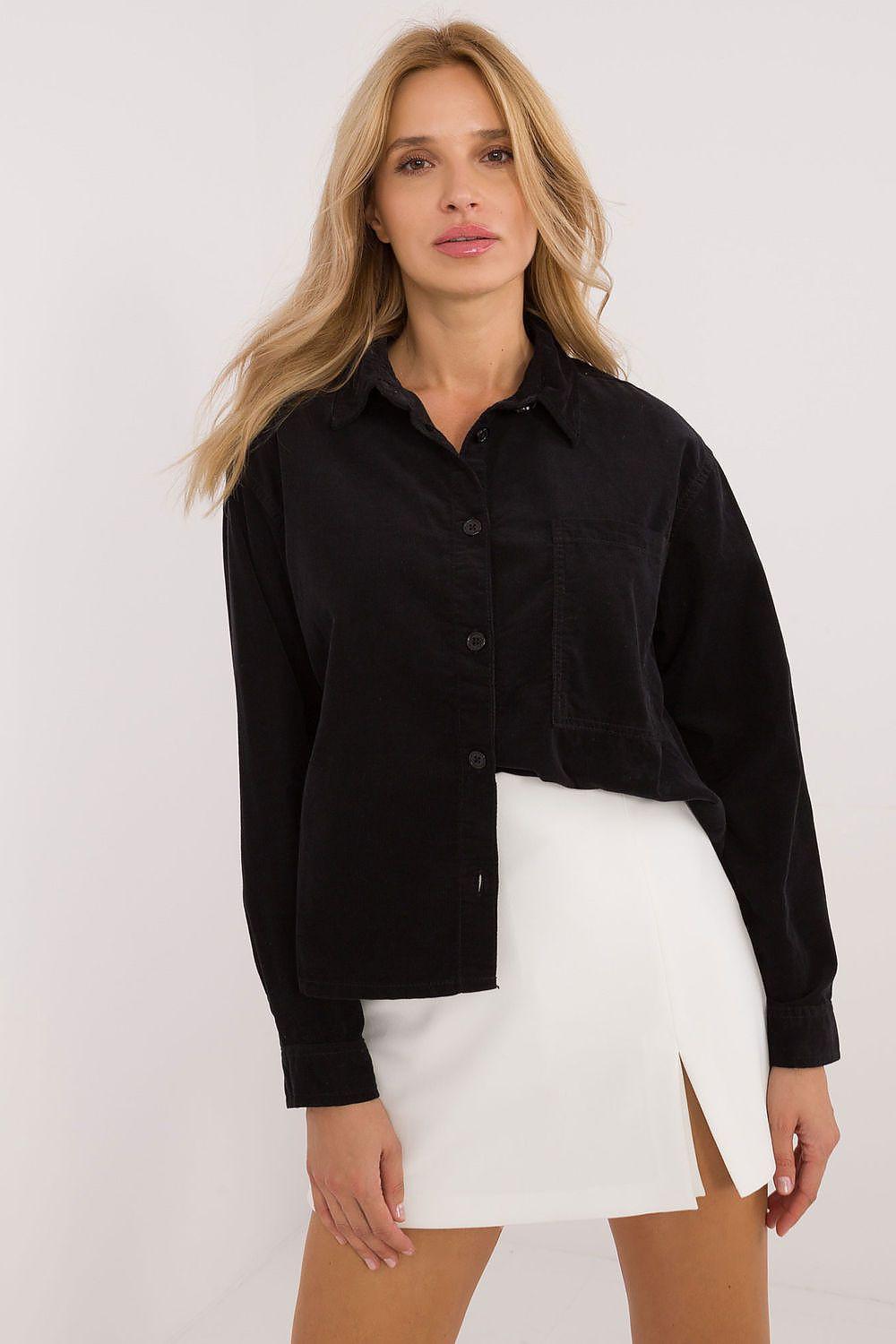 Black long-sleeve button-up shirt with collar and chest pocket