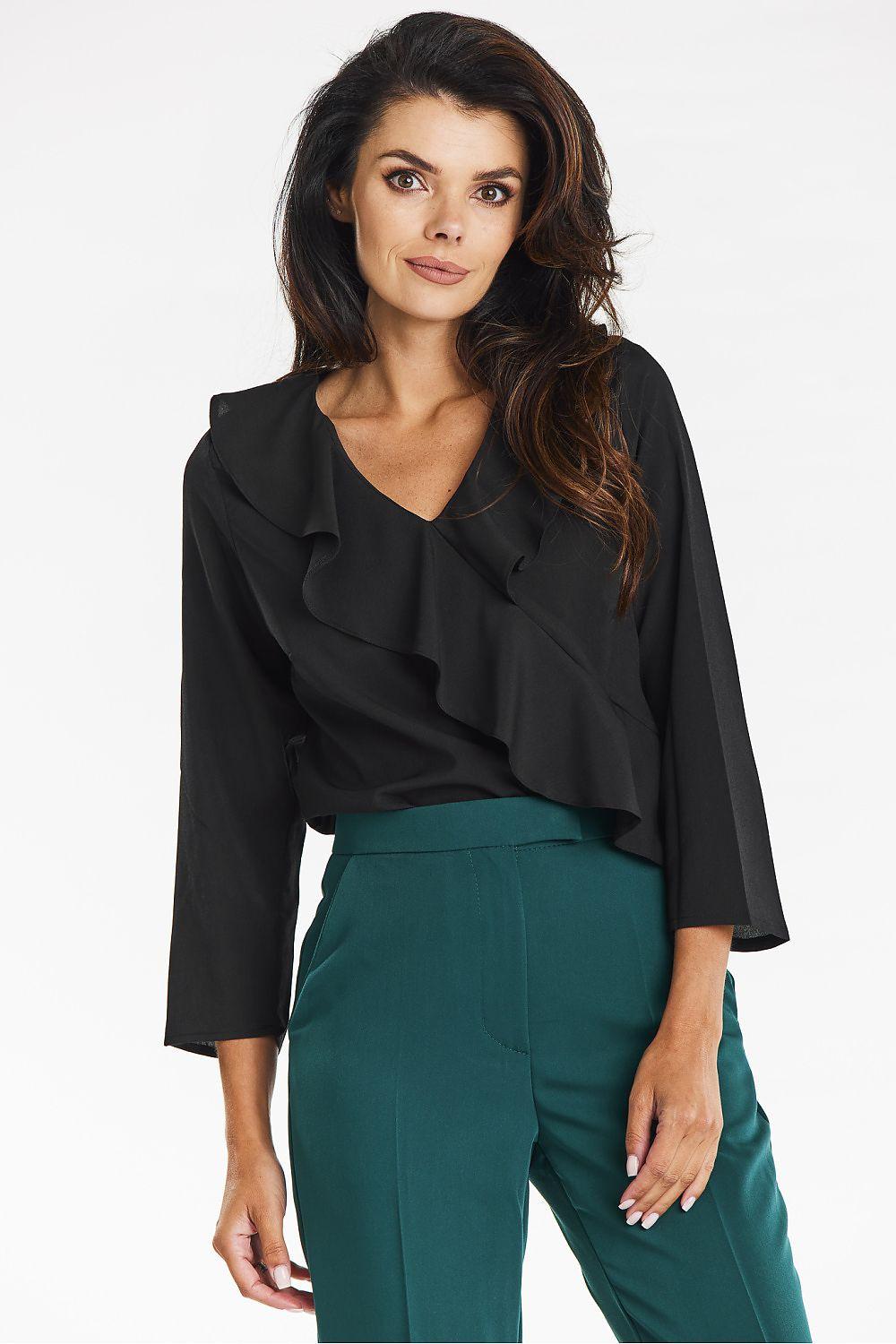 Awama black blouse with layered ruffle front and V-neck, 3/4 sleeves