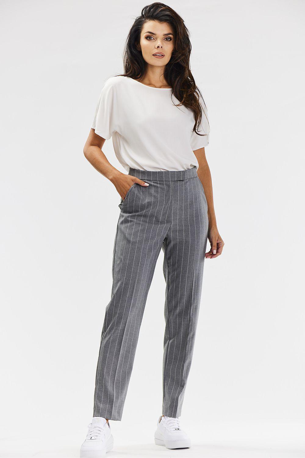 Women’s grey pinstripe trousers, straight-leg with belt loops and ankle length