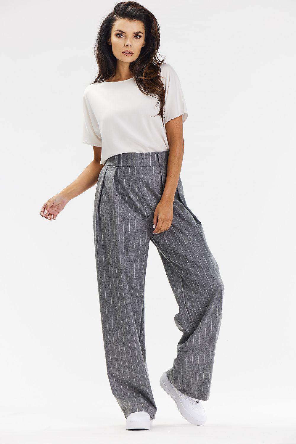 Grey pinstripe women's wide-leg trousers with elastic waistband and side pockets