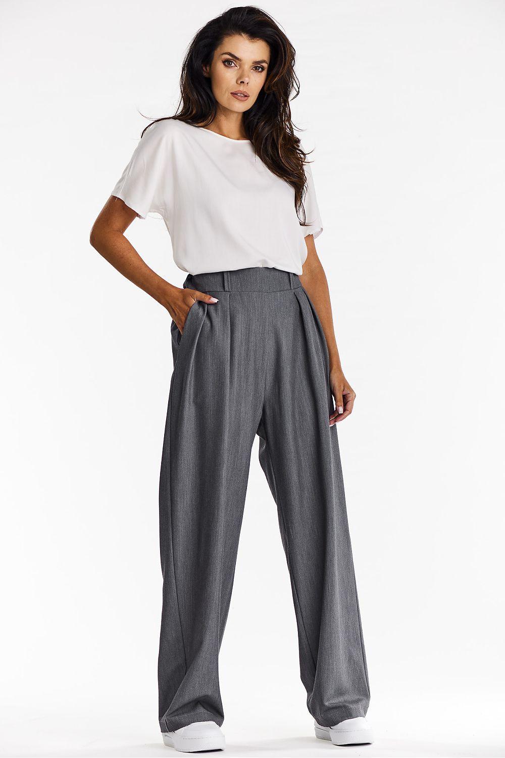 Women’s grey wide-leg trousers with elastic waist and pleated front