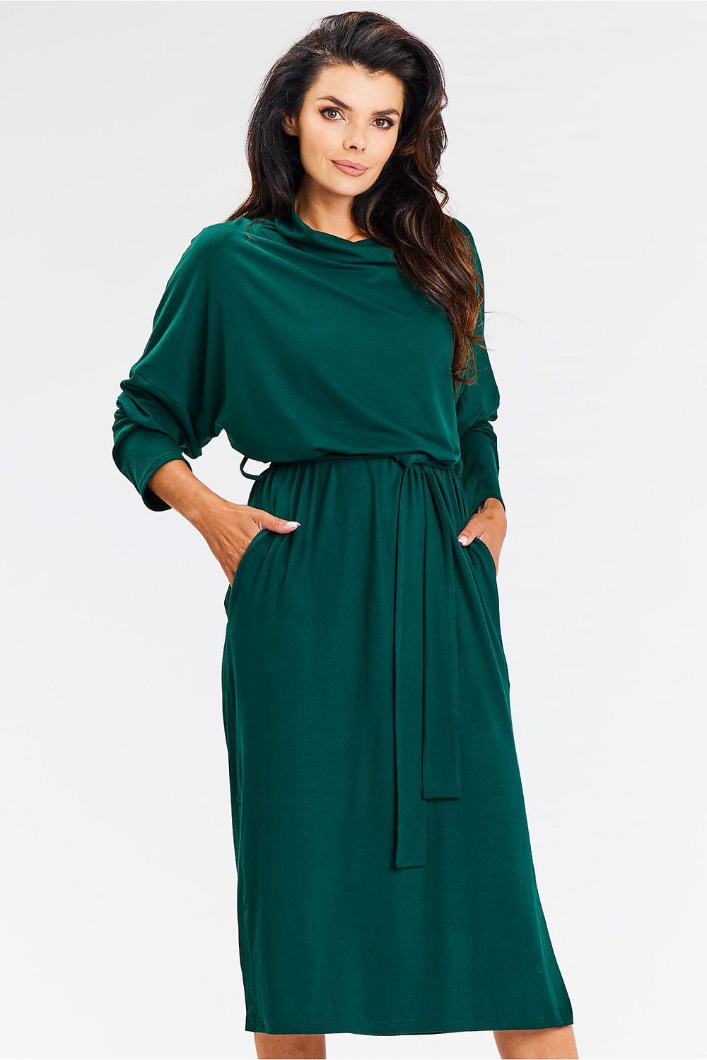Awama green long-sleeve midi daydress with high neck and tie waist, side pockets