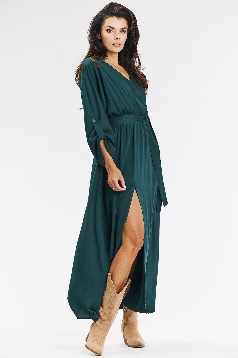 Green v-neck daydress with long sleeves, gathered waist tie, side slit