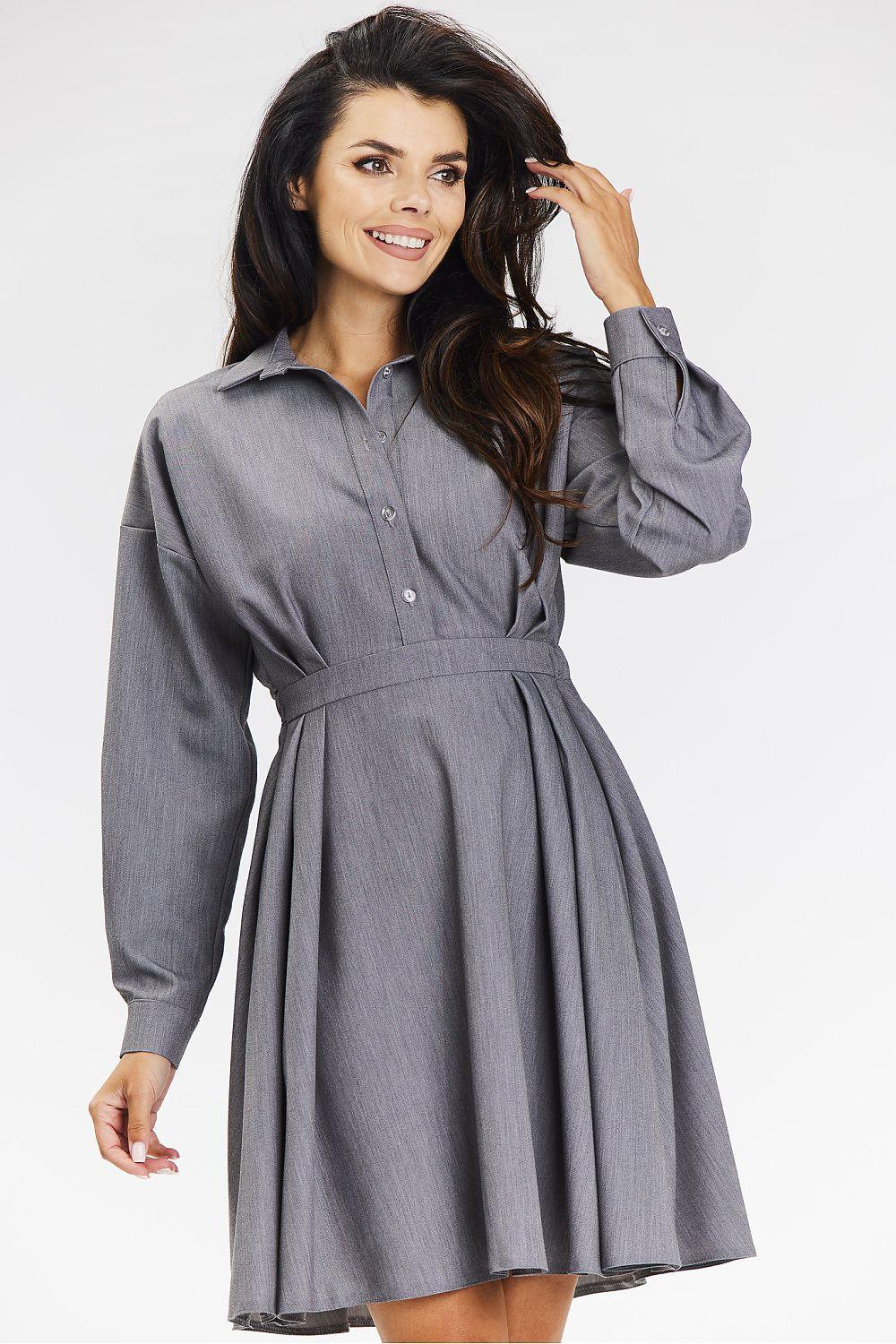 Grey long-sleeve button-front daydress with tie waist and pleated flared skirt