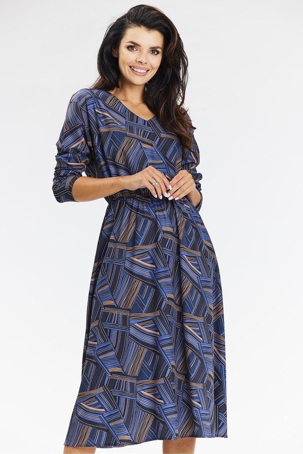 Awama navy daydress with abstract geometric pattern, three-quarter sleeves