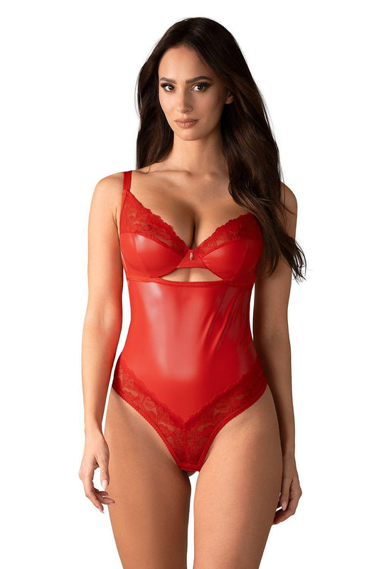 Red lace-trim shapewear bodysuit with underwire cups and thong back
