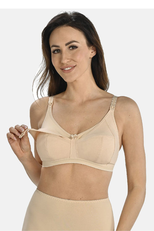 Beige nursing bra with front button cups and adjustable straps
