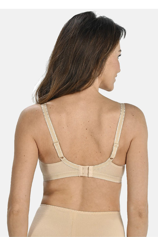 Beige nursing bra back with adjustable straps and racer-style seam