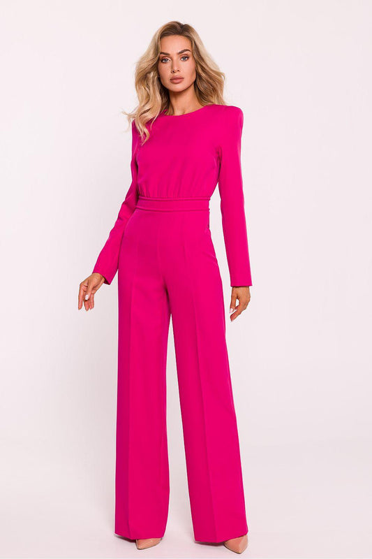 Pink long-sleeve jumpsuit with wide-leg pants and drawstring waist.
