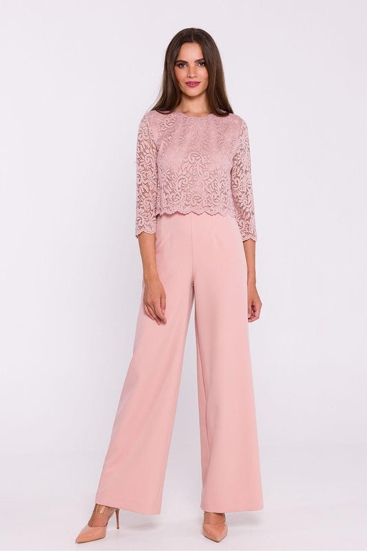 Women’s two-piece suit with lace 3/4-sleeve top and wide-leg paler pink trousers