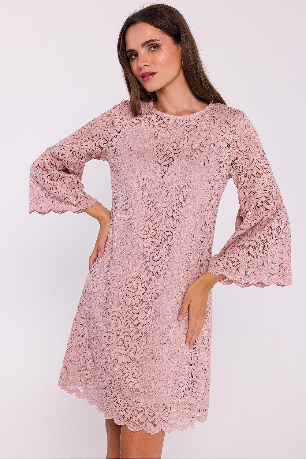 Evening lace dress in dusty pink with long bell sleeves and scalloped hem