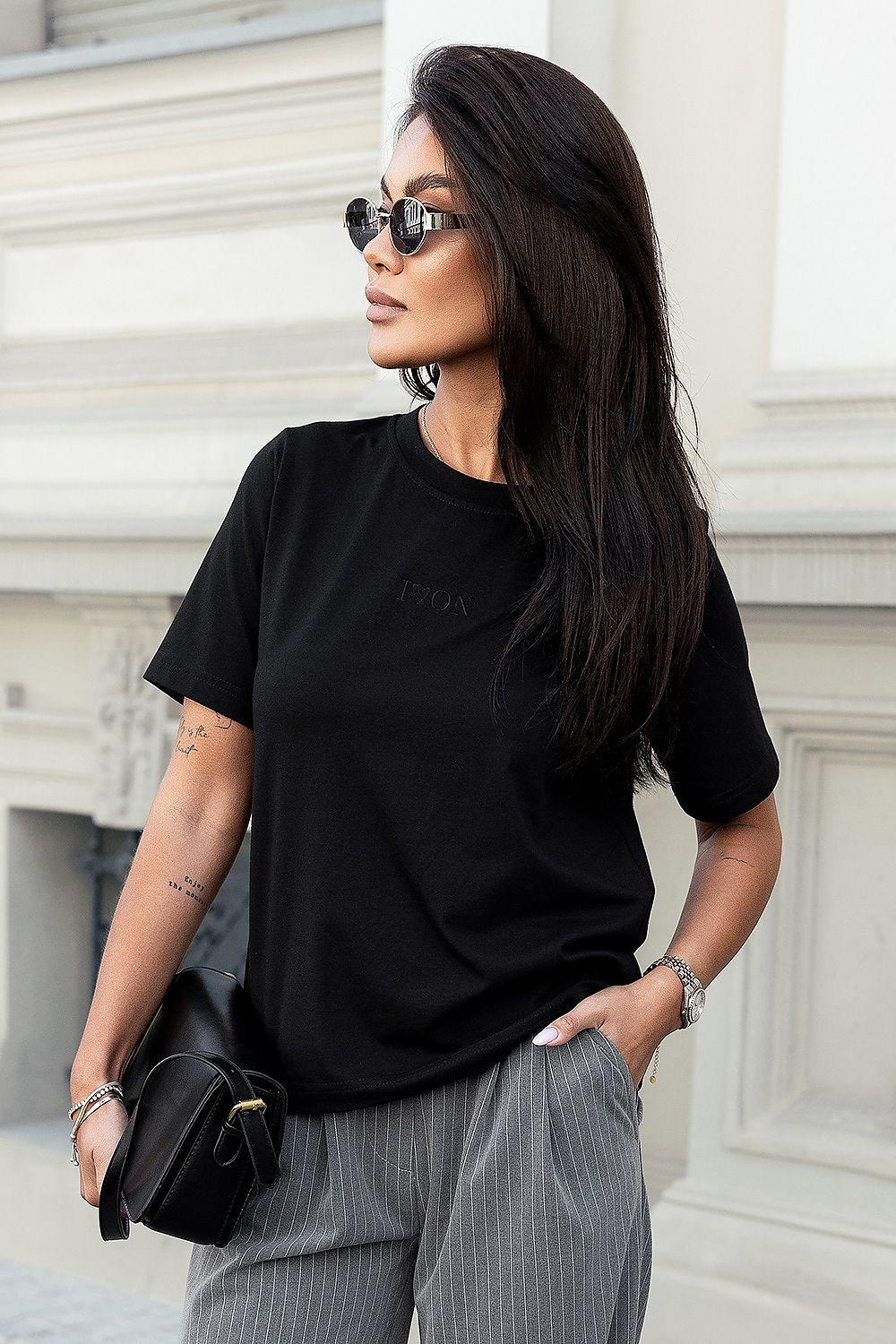 Black crew-neck short-sleeve T-shirt, cotton-blend knit with relaxed fit.