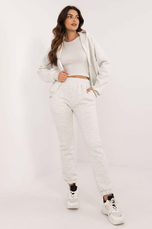 Light grey zip-up hoodie and jogger pants set with elastic cuffs