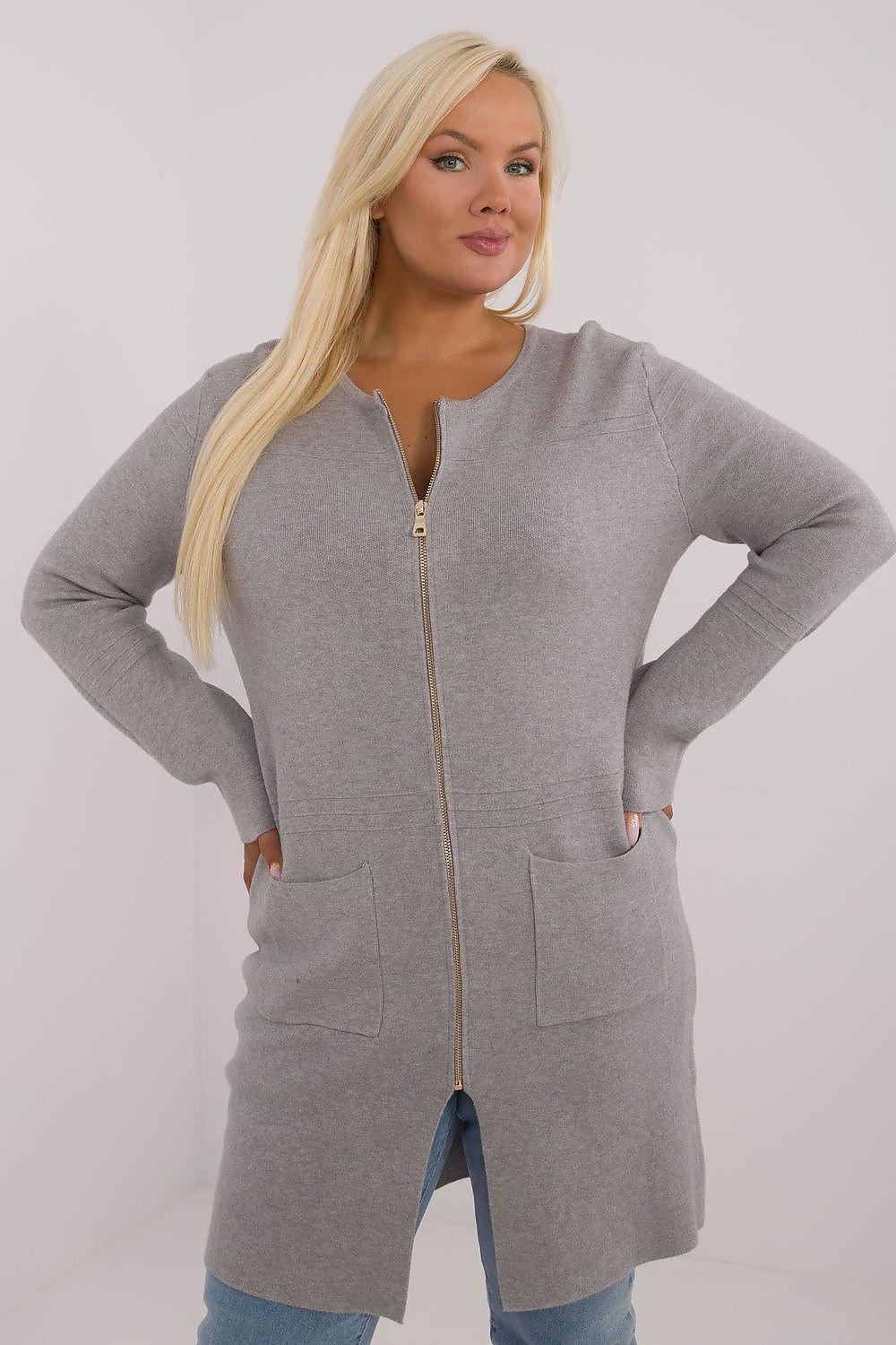 Grey plus-size zip-front jumper with long sleeves and two front patch pockets