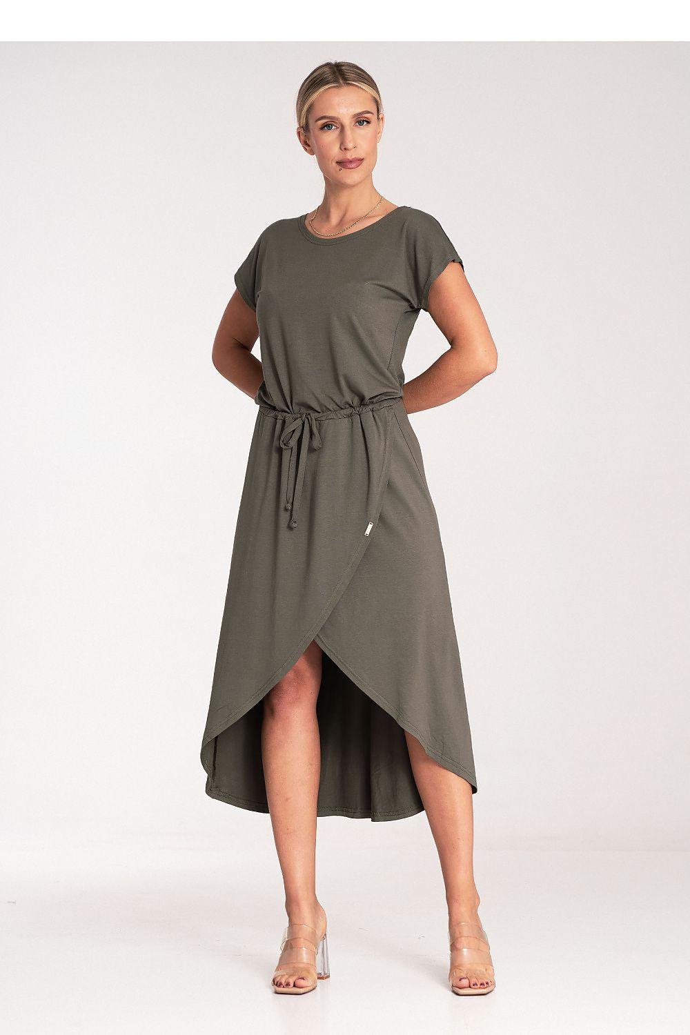 Figl daydress in olive with short sleeves, tied waist, asymmetrical high-low hem.