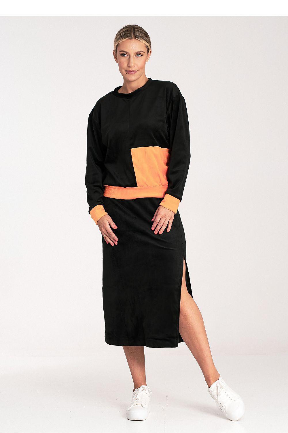 Two-tone velour blouse and slit pencil skirt set, black with orange trim