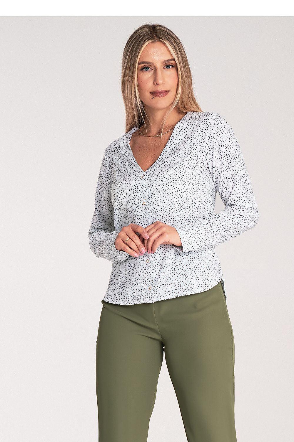 Women’s long-sleeve V-neck shirt, light gray with small dark allover print, front view
