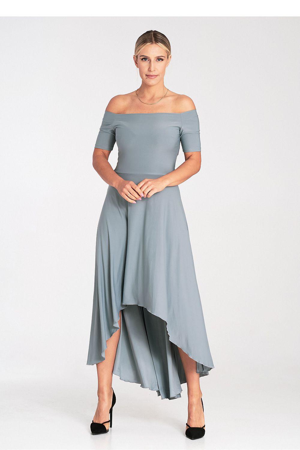 Figl asymmetrical off-shoulder evening dress, light grey-blue midi with layered high-low hem.