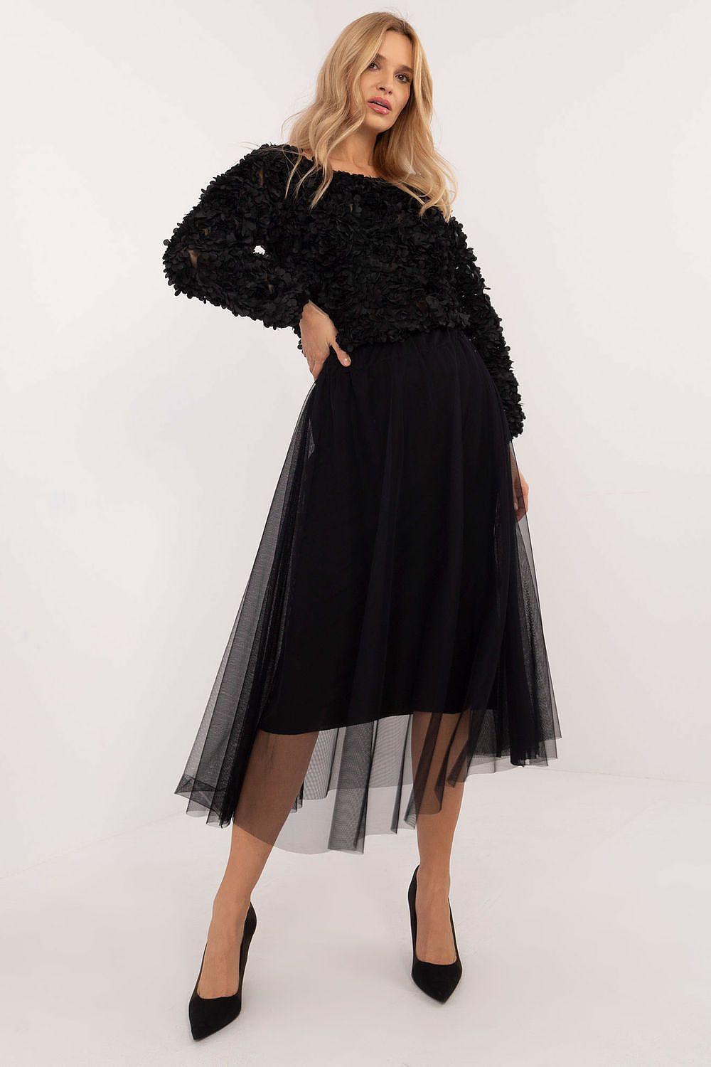 Black tulle midi skirt with flared silhouette and layered mesh