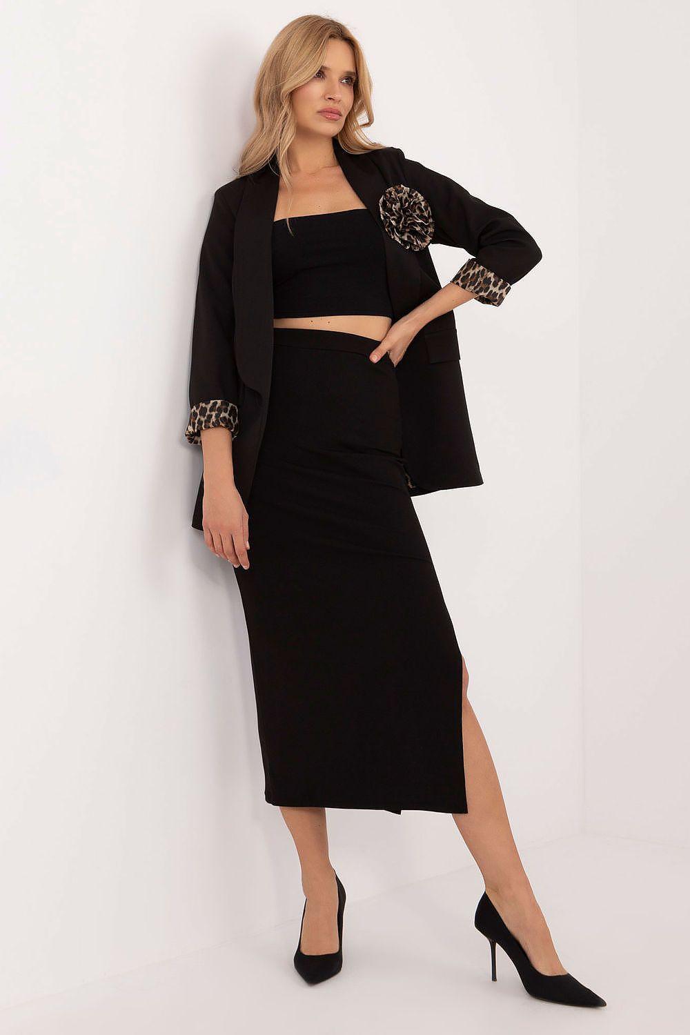 Black pencil skirt with front slit, midi length and fitted waist