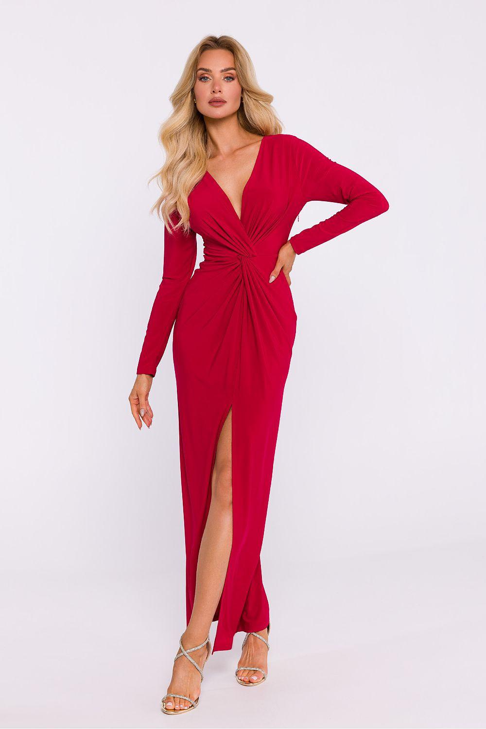 Red long-sleeve maxi dress with V-neck, gathered waist and front slit.