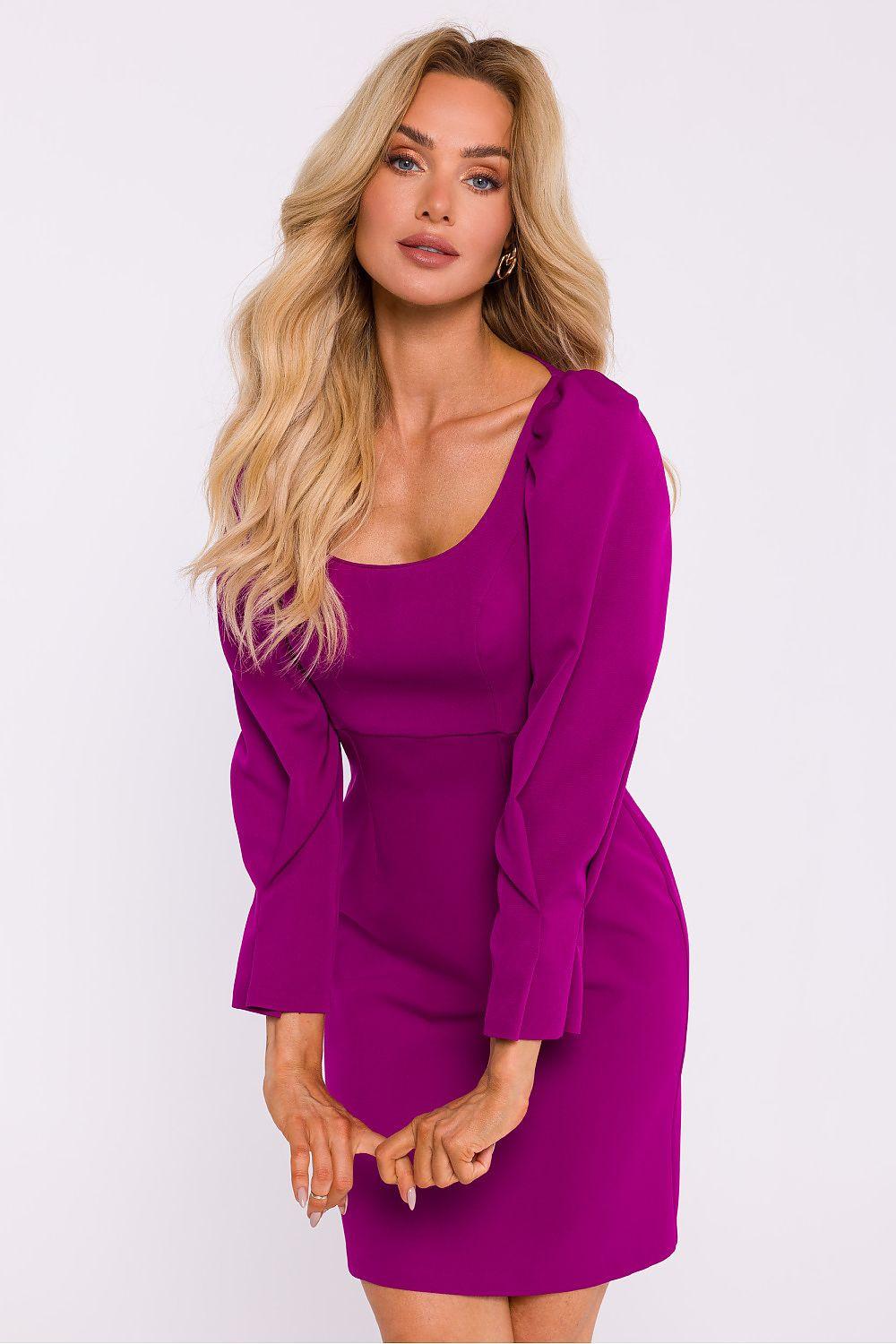 Violet daydress with square neckline and long puff sleeves, fitted mini silhouette.