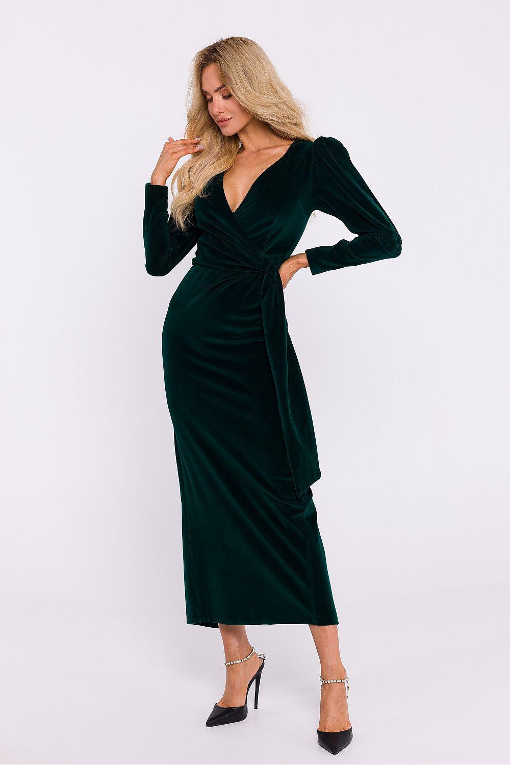 Dark green velour maxi dress with V-neck, long sleeves, wrap envelope silhouette
